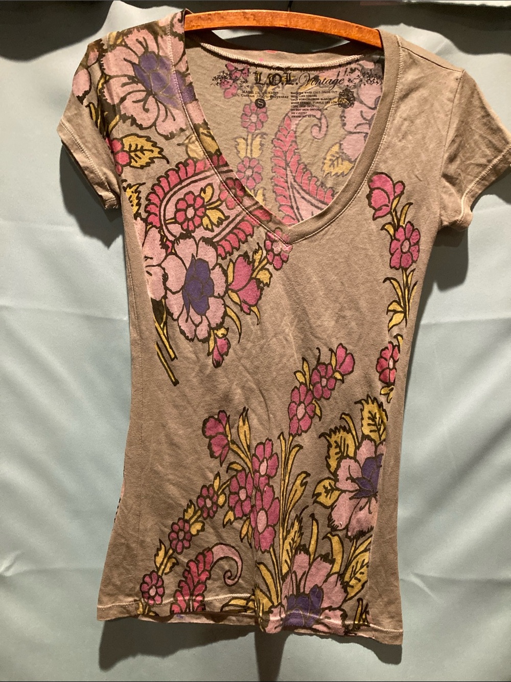 L.O.L. Vintage Olive Green Floral V-Neck Tee with Pink and Purple Accents